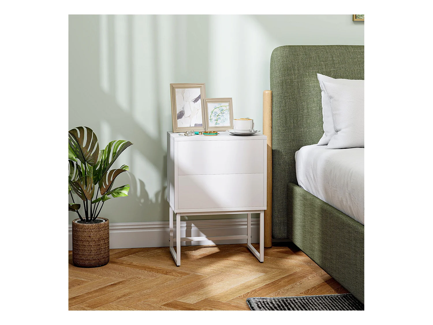 Comodino moderno con 2 cassetti con apertura a pressione bianco