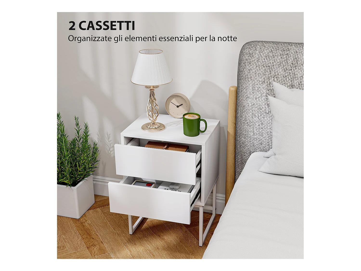 Comodino moderno con 2 cassetti con apertura a pressione bianco