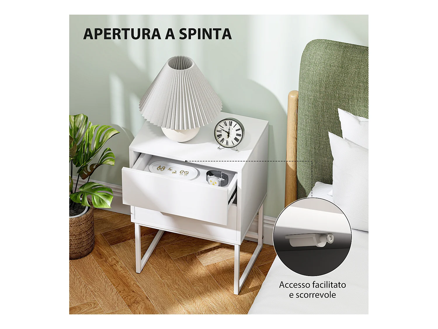 Comodino moderno con 2 cassetti con apertura a pressione bianco