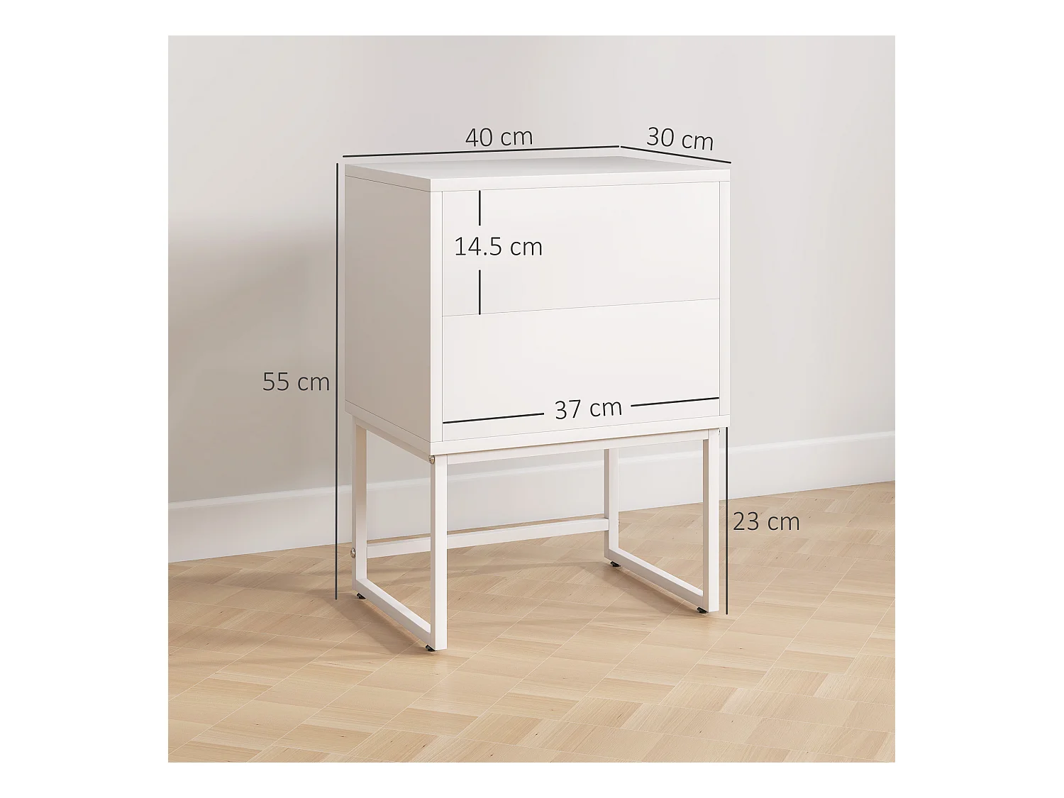 Comodino moderno con 2 cassetti con apertura a pressione bianco