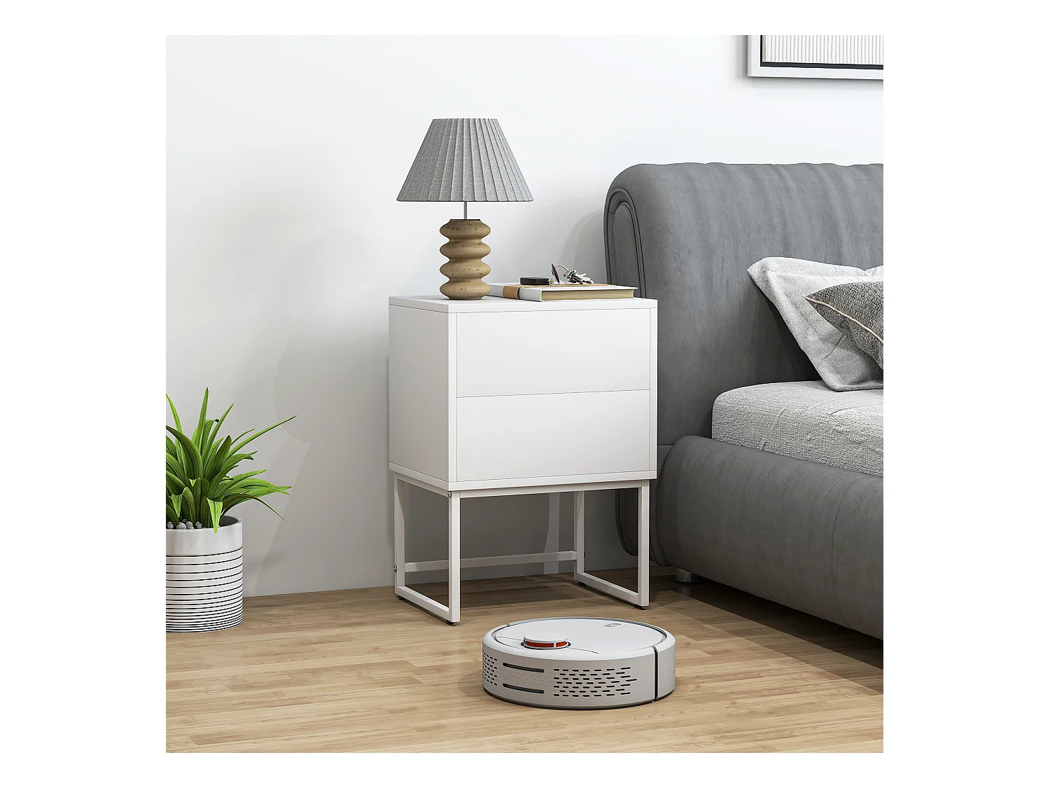 Comodino moderno con 2 cassetti con apertura a pressione bianco