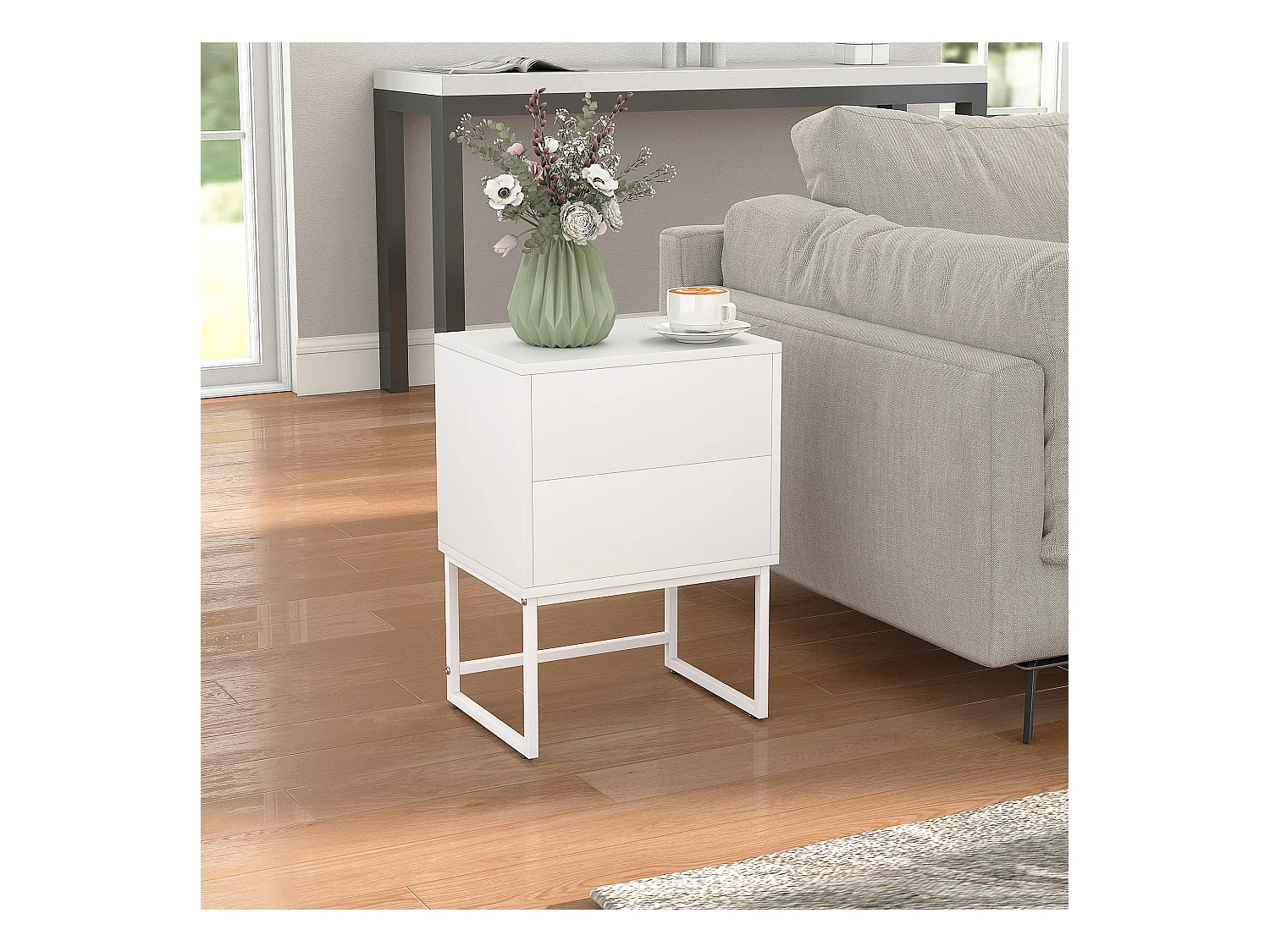 Comodino moderno con 2 cassetti con apertura a pressione bianco