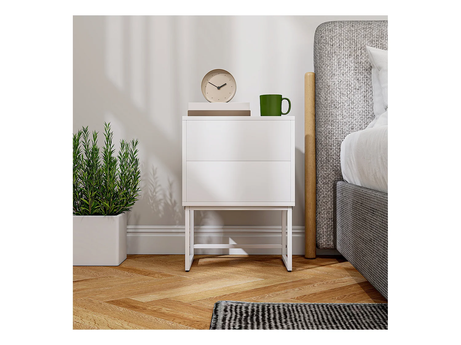 Comodino moderno con 2 cassetti con apertura a pressione bianco