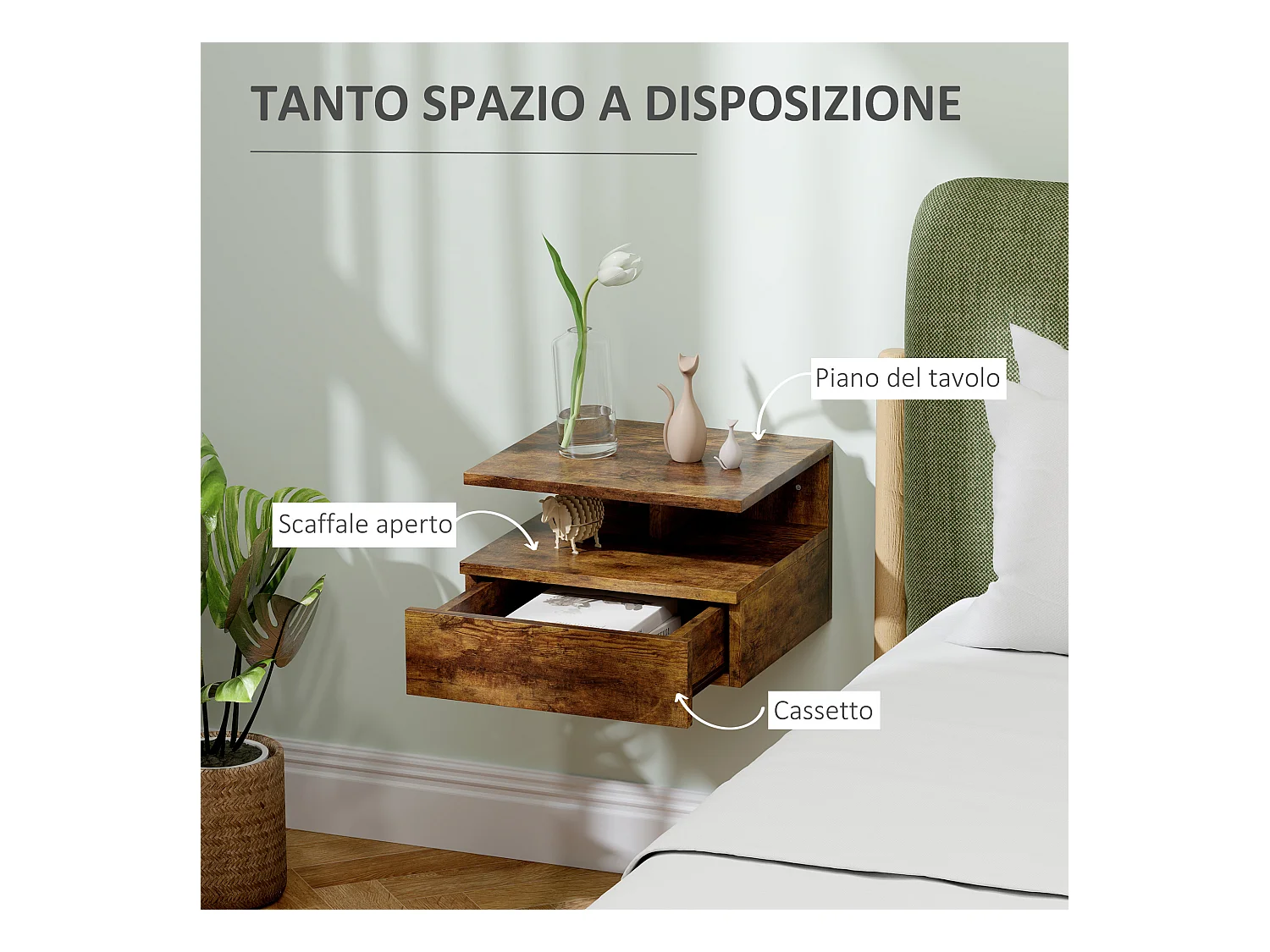 Set 2 comodini sospesi con cassetto e mensola 35x32x22.5cm marrone