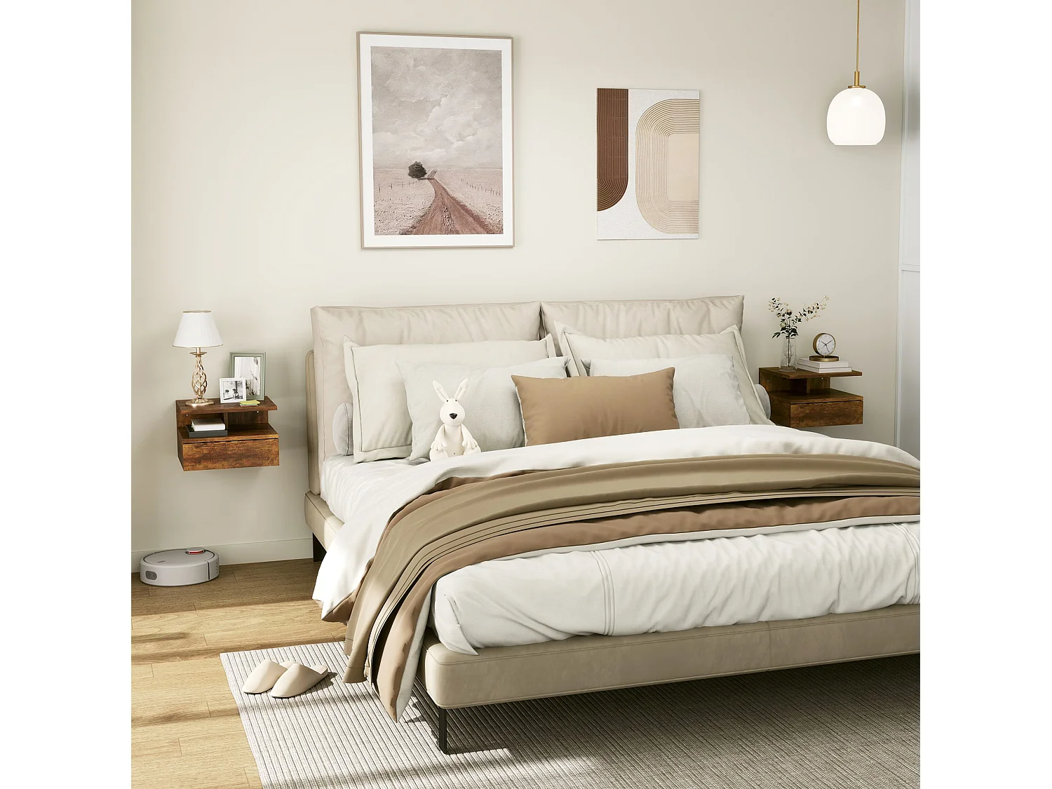 Set 2 comodini sospesi con cassetto e mensola 35x32x22.5cm marrone