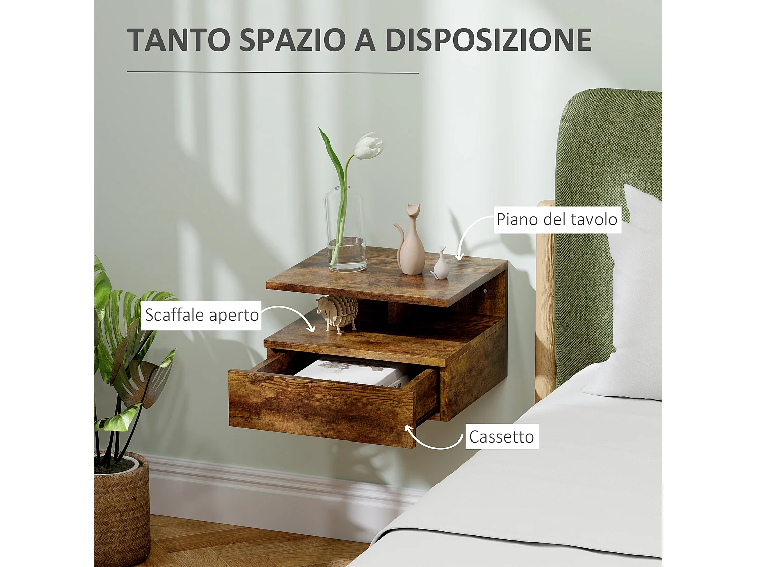 Set 2 comodini sospesi con cassetto e mensola 35x32x22.5cm marrone