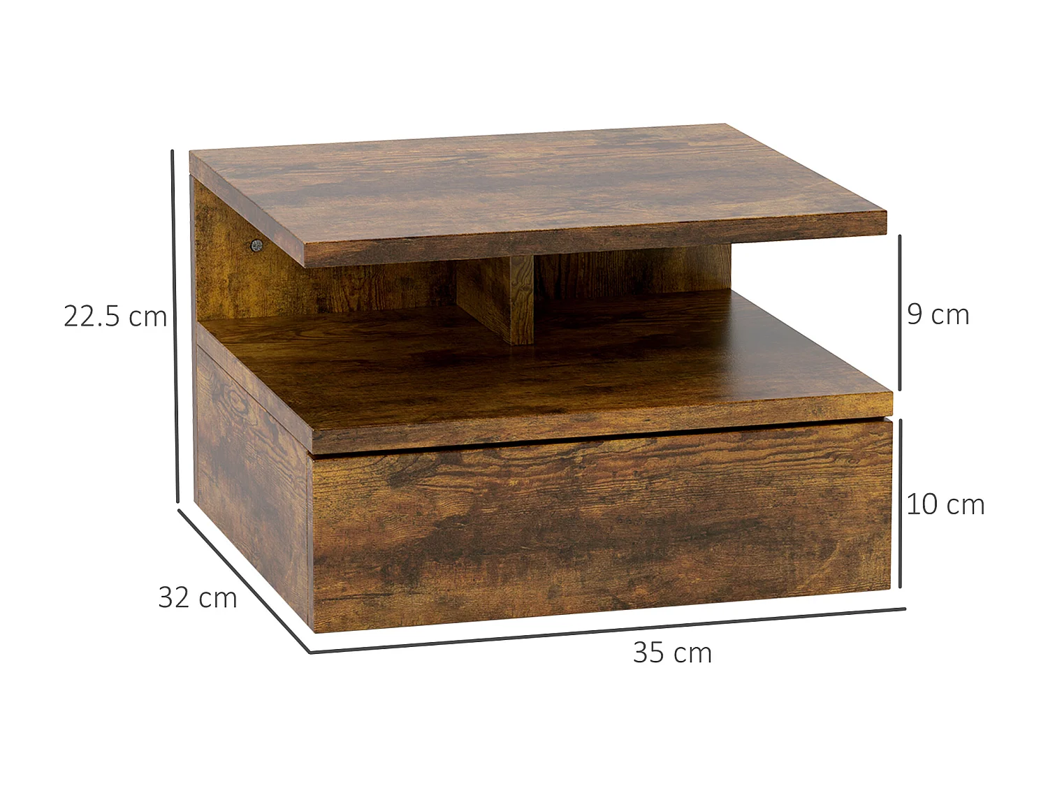 Set 2 comodini sospesi con cassetto e mensola 35x32x22.5cm marrone