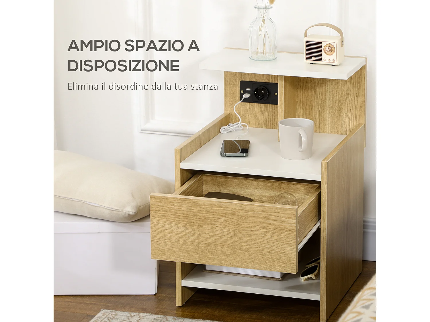 Comodino in truciolato con cassetto 2 prese e 2 porte usb