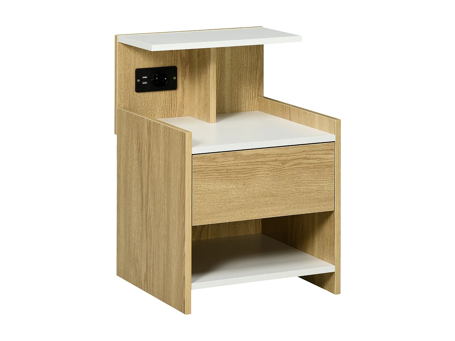 Comodino in truciolato con cassetto 2 prese e 2 porte usb