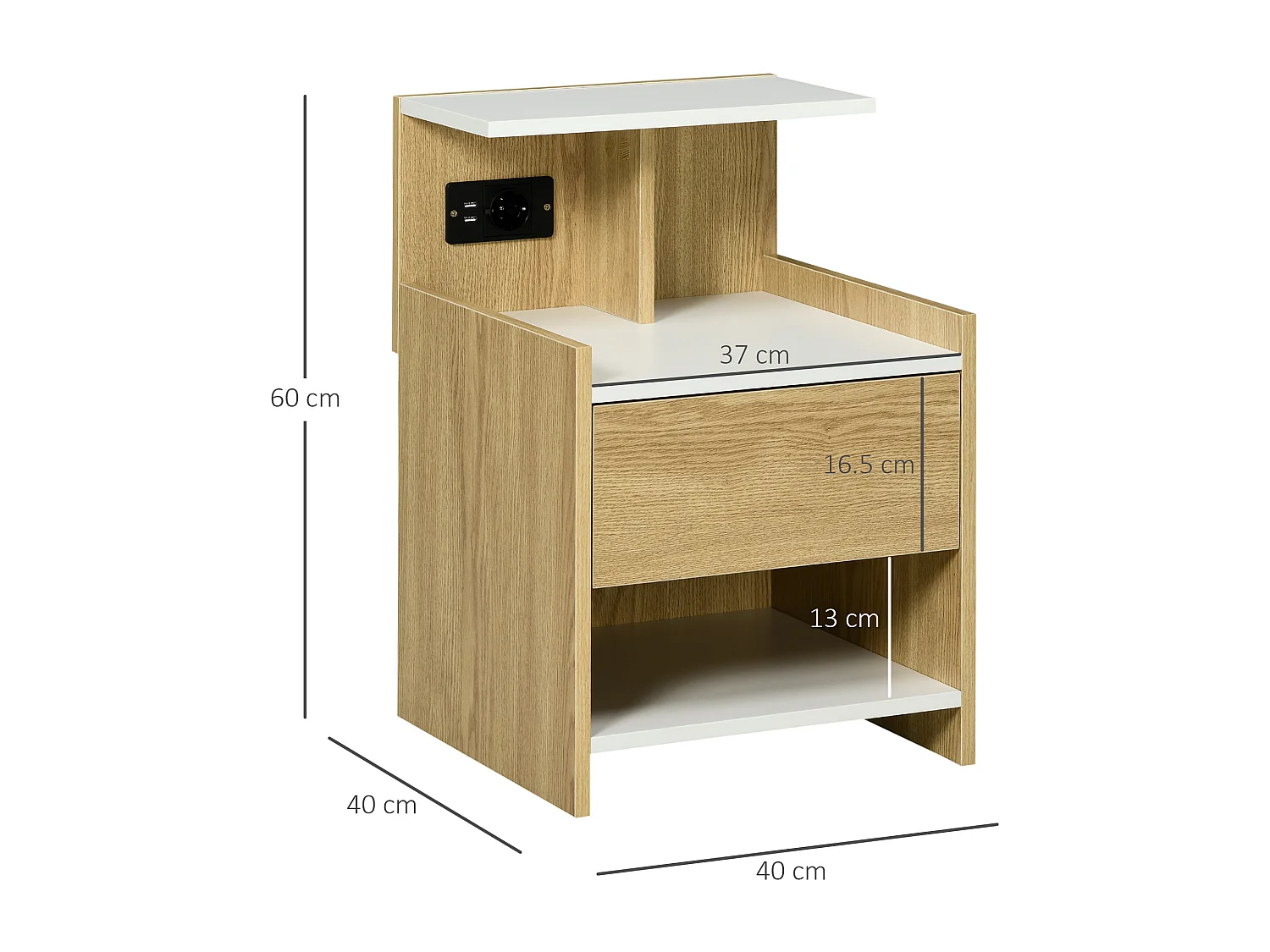 Comodino in truciolato con cassetto 2 prese e 2 porte usb