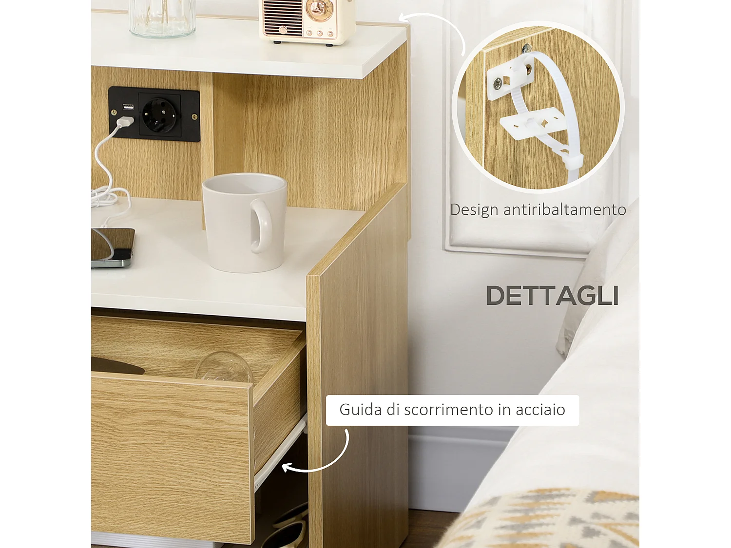 Comodino in truciolato con cassetto 2 prese e 2 porte usb