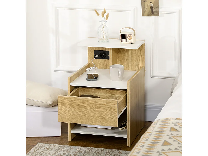 Comodino in truciolato con cassetto 2 prese e 2 porte usb