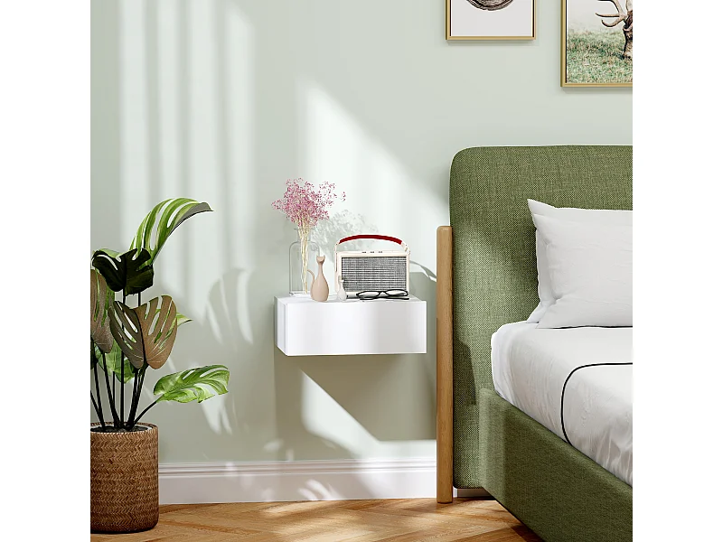Comodino con cassetto dal design sospeso moderno in truciolato bianco