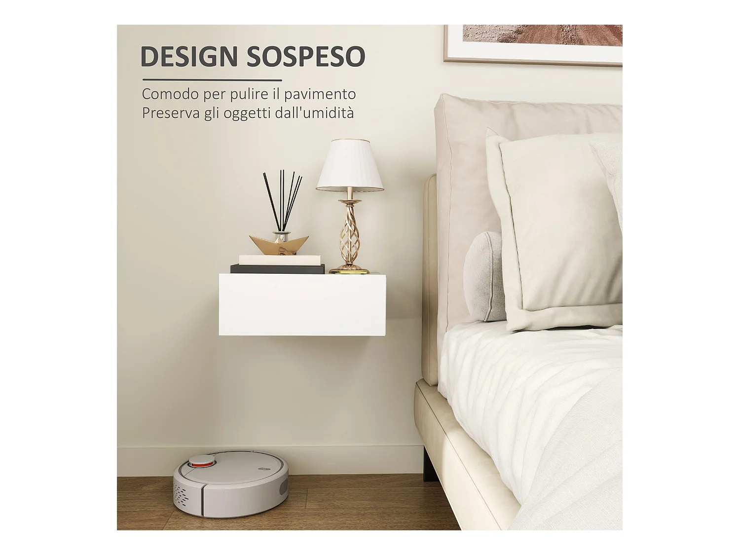 Comodino con cassetto dal design sospeso moderno in truciolato bianco