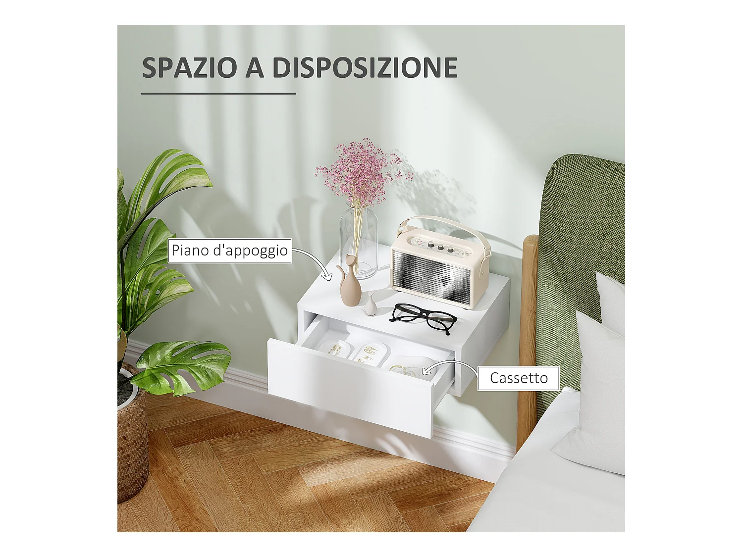 Comodino con cassetto dal design sospeso moderno in truciolato bianco