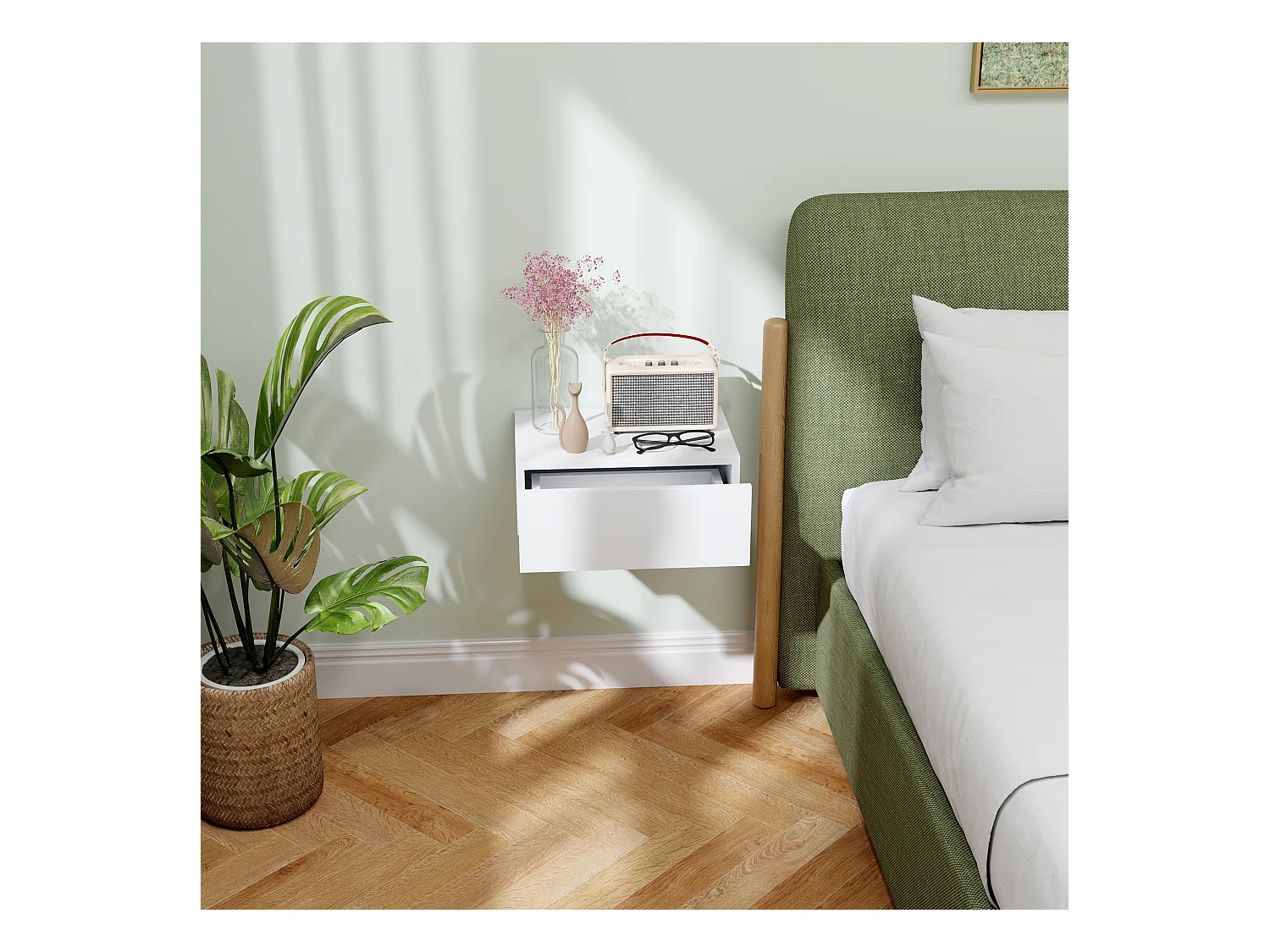 Comodino con cassetto dal design sospeso moderno in truciolato bianco