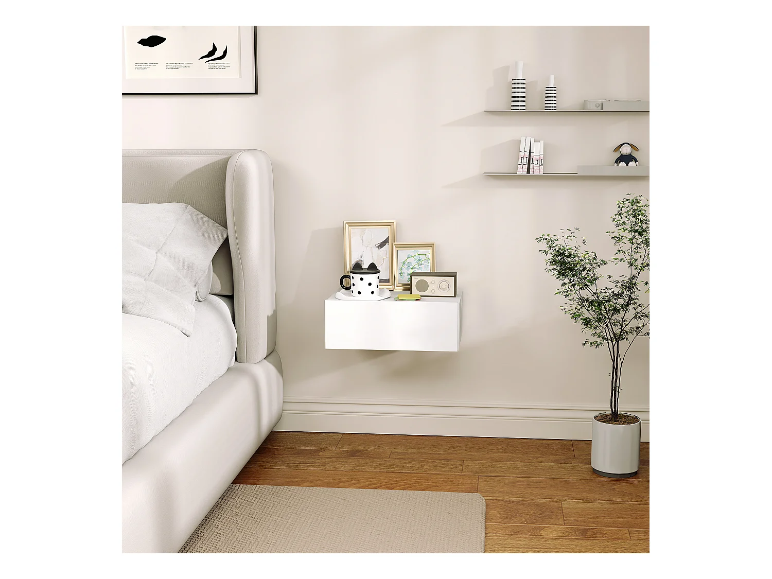 Comodino con cassetto dal design sospeso moderno in truciolato bianco