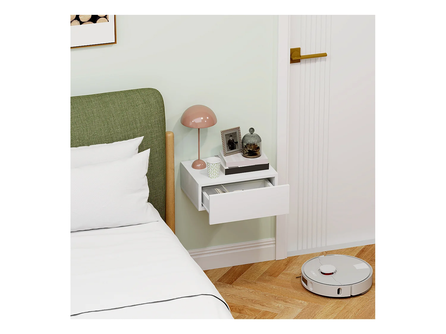 Comodino con cassetto dal design sospeso moderno in truciolato bianco