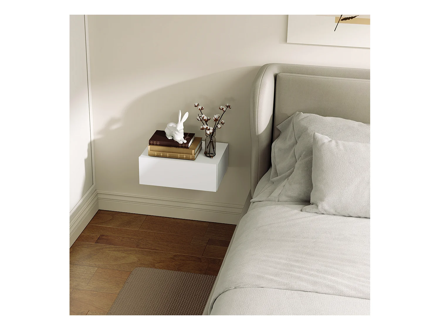 Comodino con cassetto dal design sospeso moderno in truciolato bianco