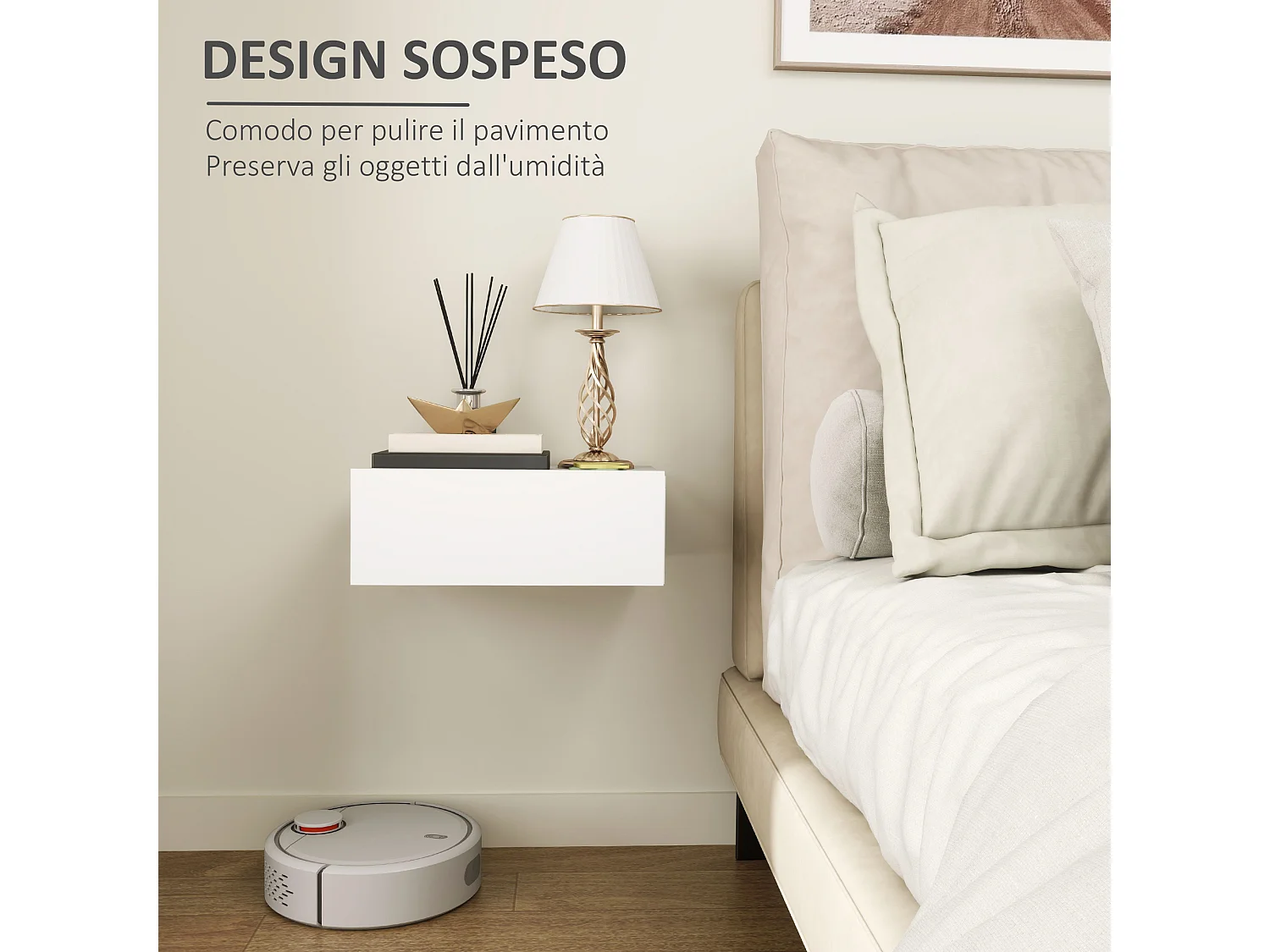 Comodino con cassetto dal design sospeso moderno in truciolato bianco