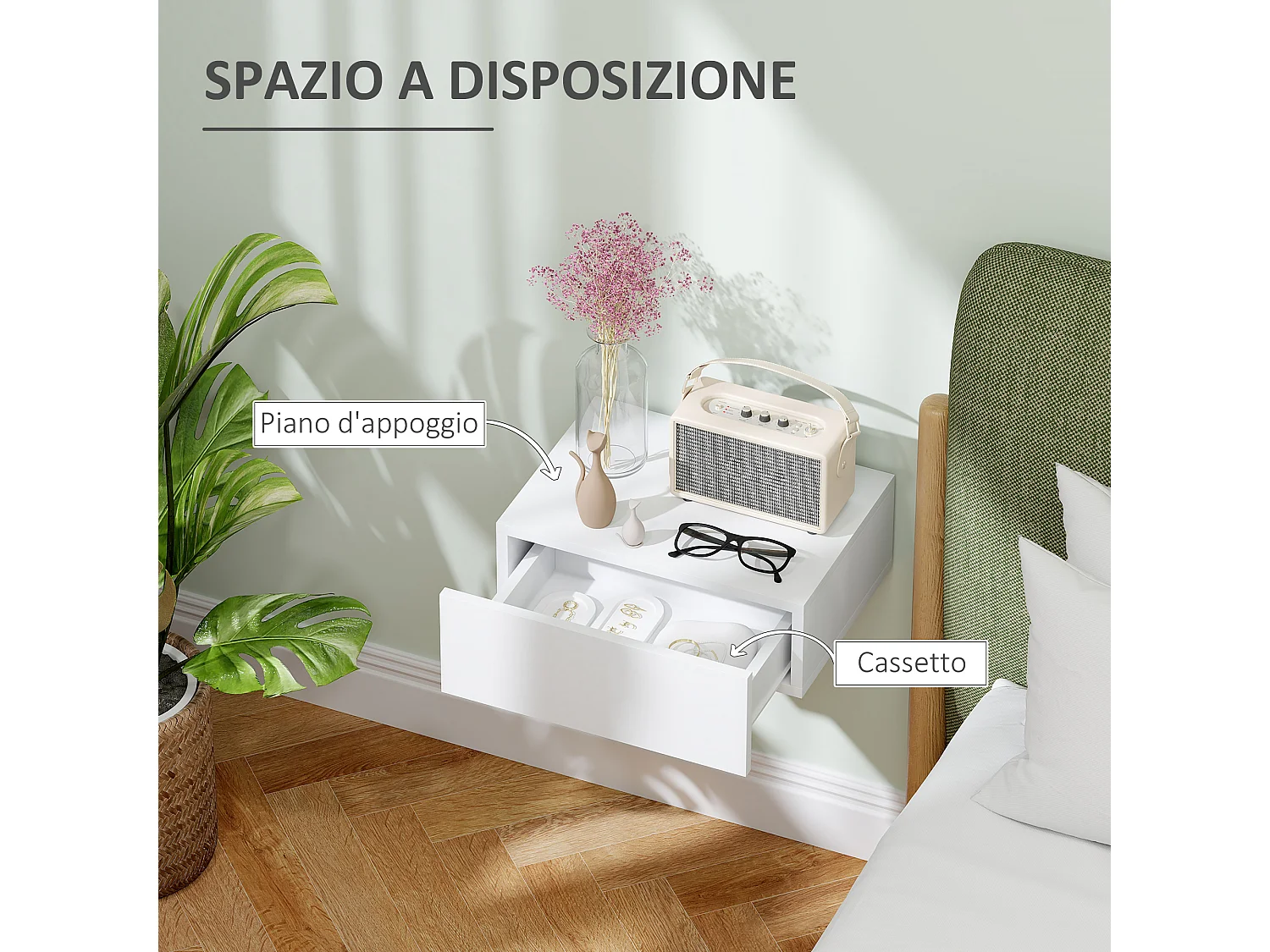 Comodino con cassetto dal design sospeso moderno in truciolato bianco
