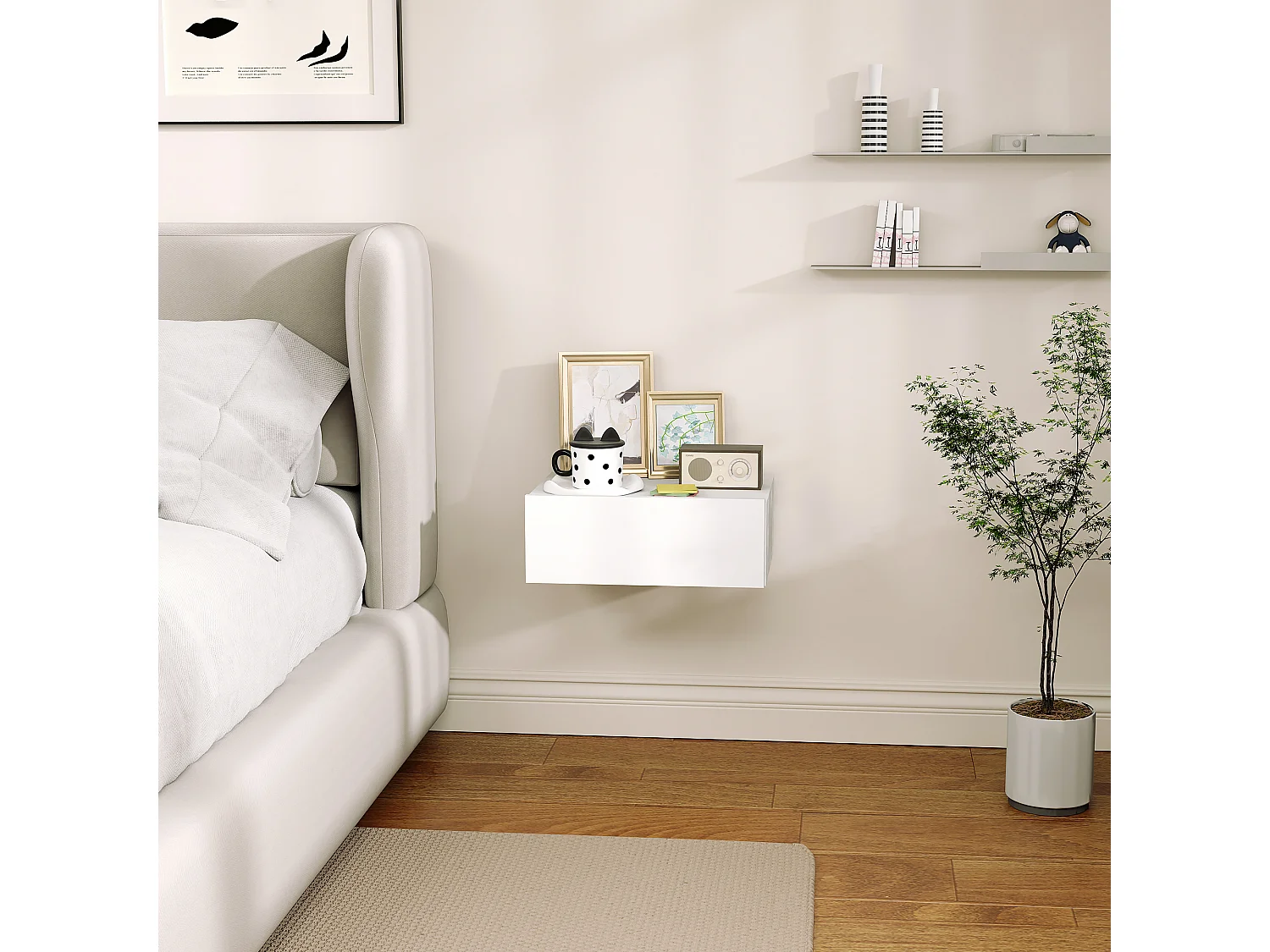Comodino con cassetto dal design sospeso moderno in truciolato bianco