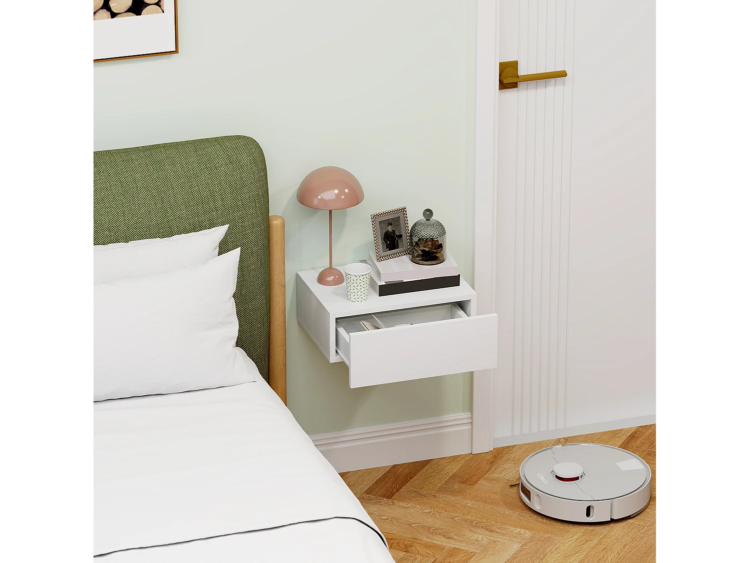 Comodino con cassetto dal design sospeso moderno in truciolato bianco