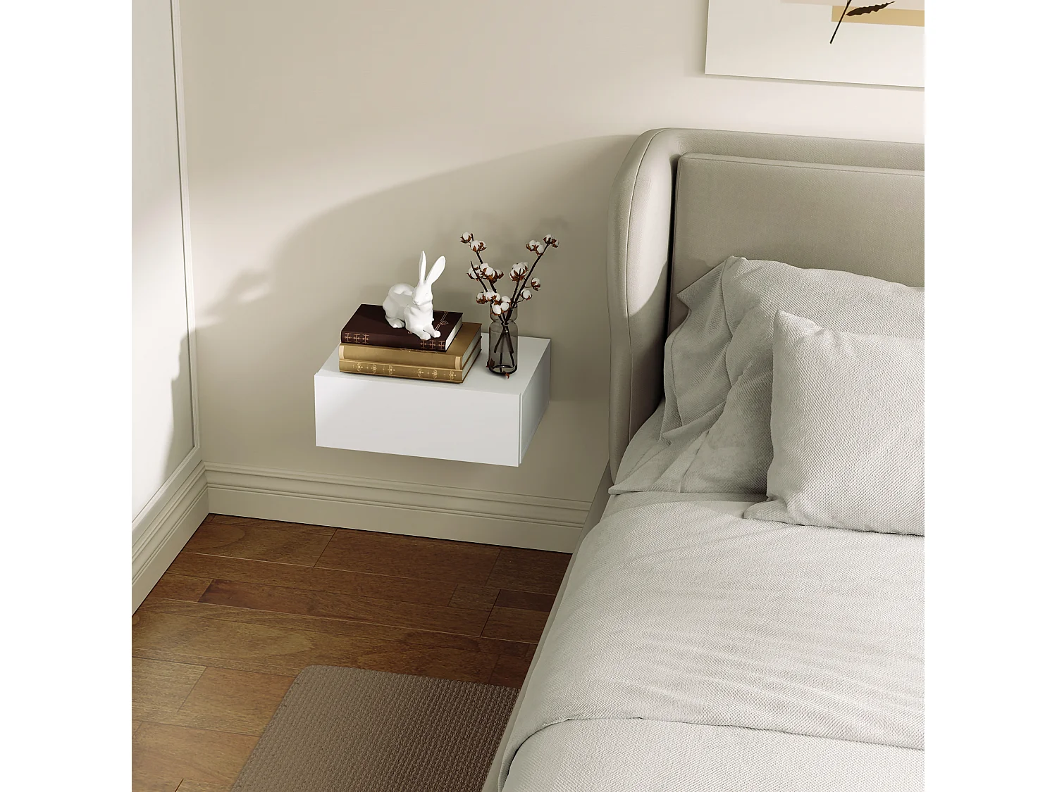 Comodino con cassetto dal design sospeso moderno in truciolato bianco