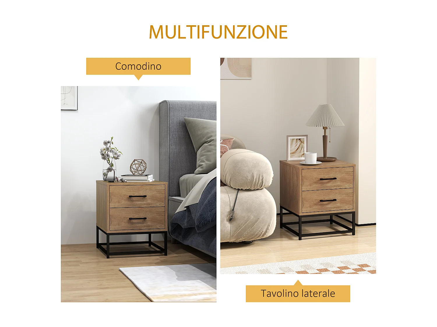 Set 2 comodini con 2 cassetti in stile industriale colore legno