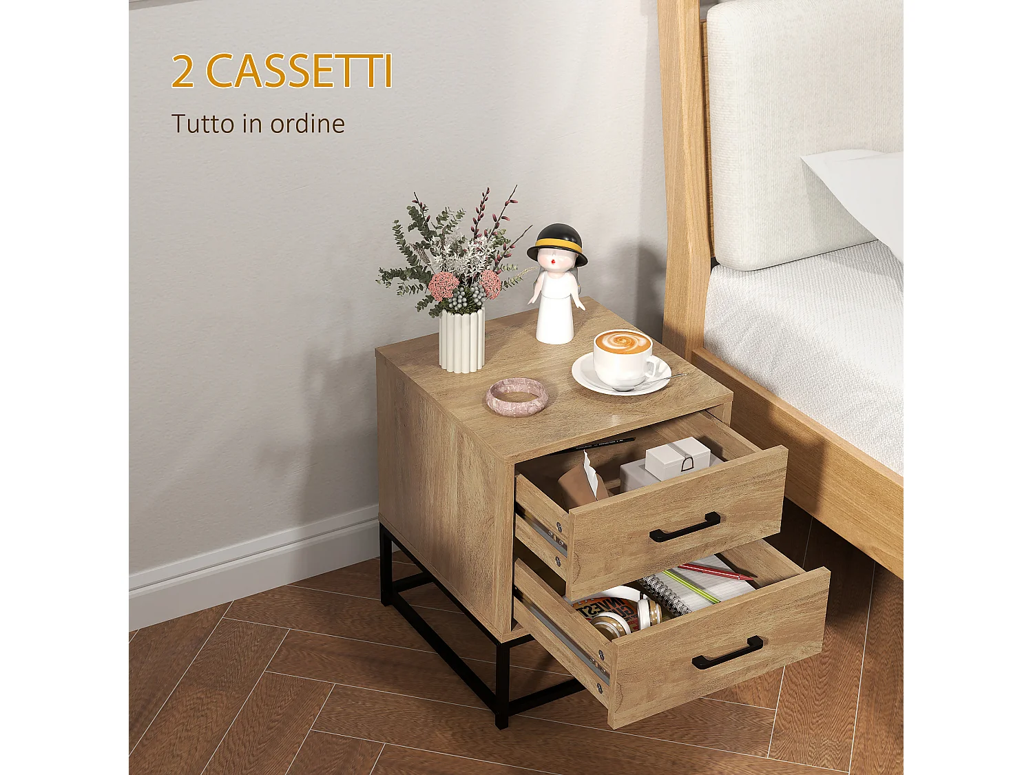 Set 2 comodini con 2 cassetti in stile industriale colore legno
