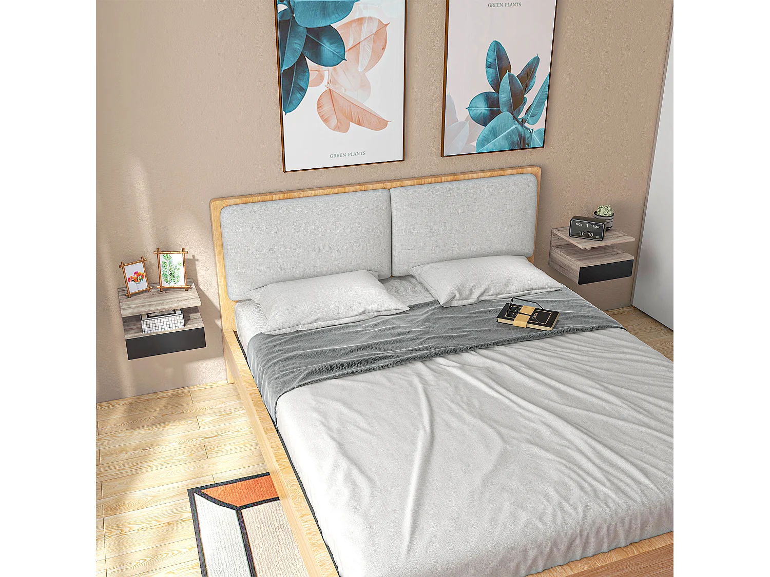 Set 2 comodini sospesi moderni con cassetto in legno rovere e nero