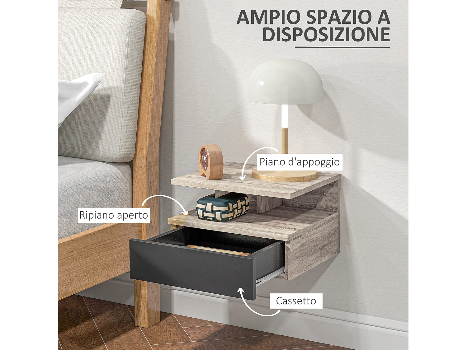 Set 2 comodini sospesi moderni con cassetto in legno rovere e nero