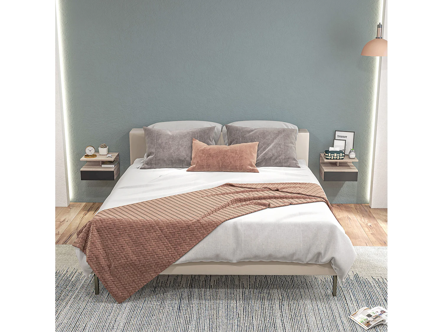 Set 2 comodini sospesi moderni con cassetto in legno rovere e nero