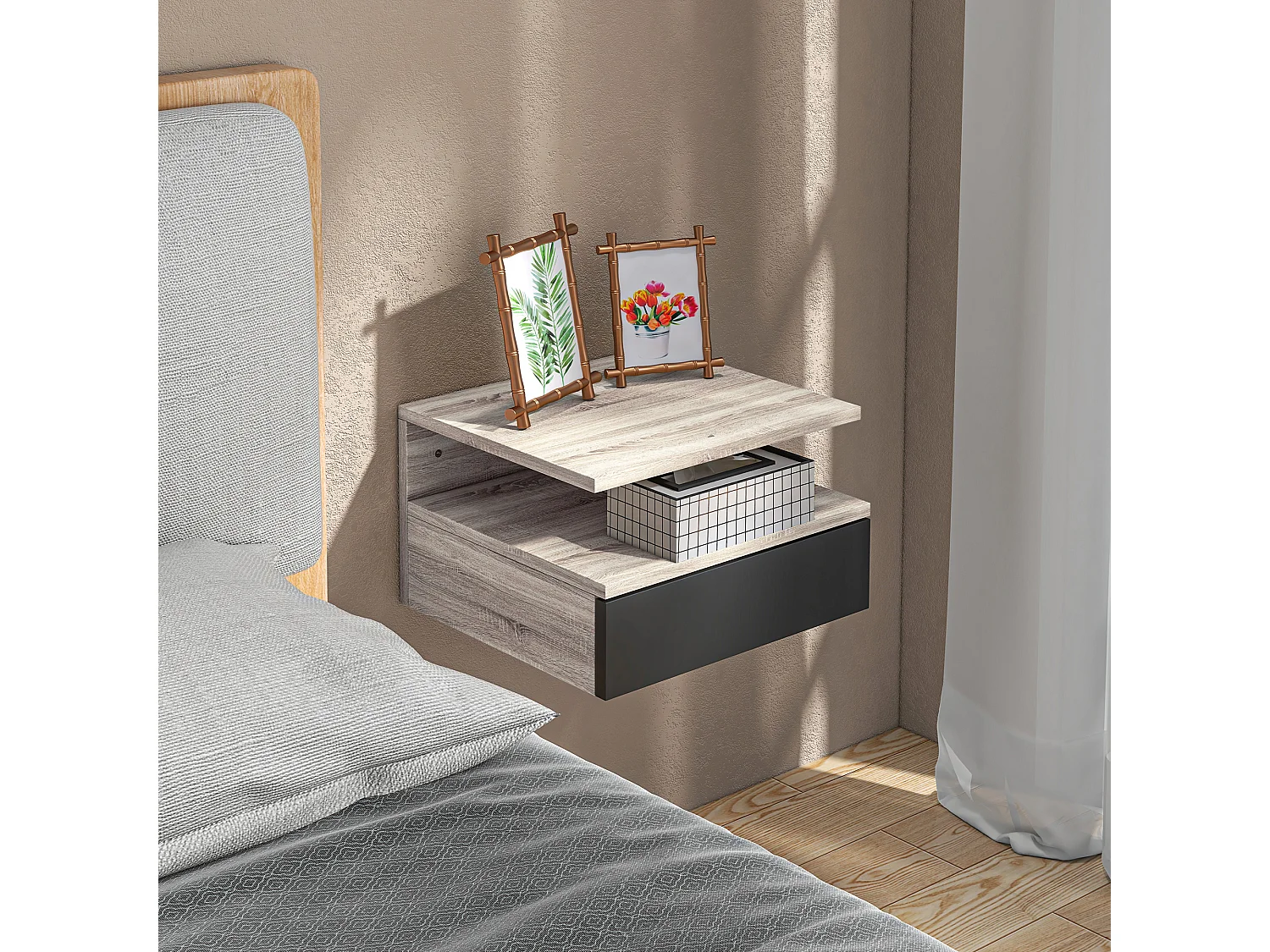 Set 2 comodini sospesi moderni con cassetto in legno rovere e nero