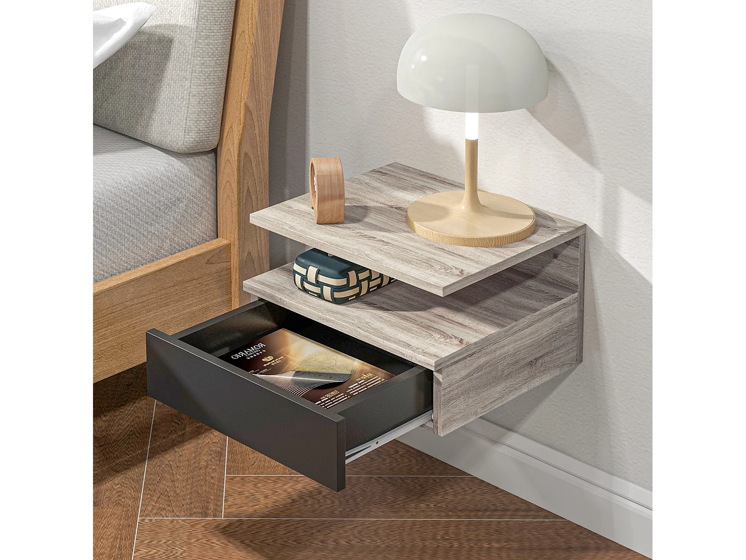 Set 2 comodini sospesi moderni con cassetto in legno rovere e nero