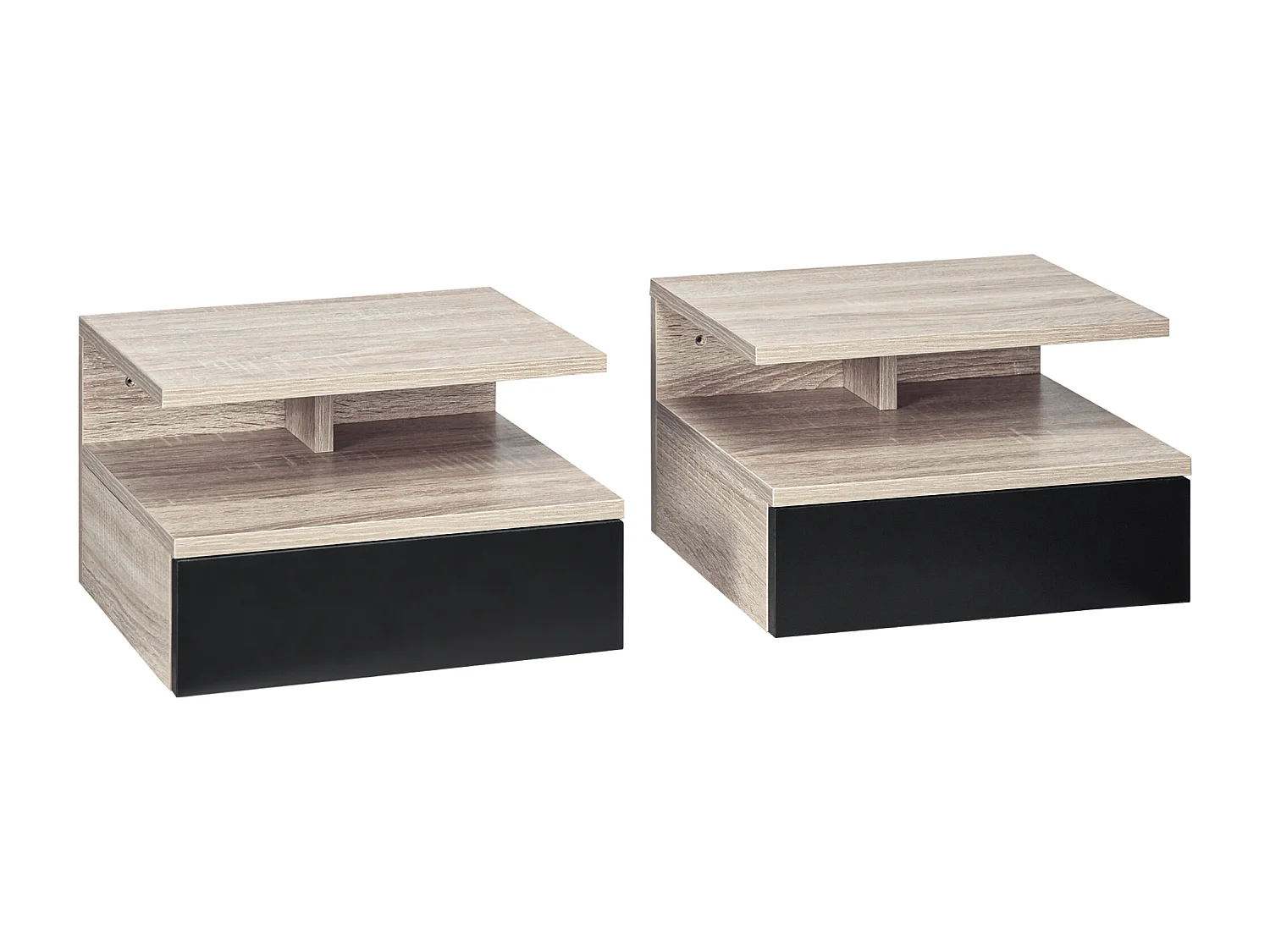 Set 2 comodini sospesi moderni con cassetto in legno rovere e nero