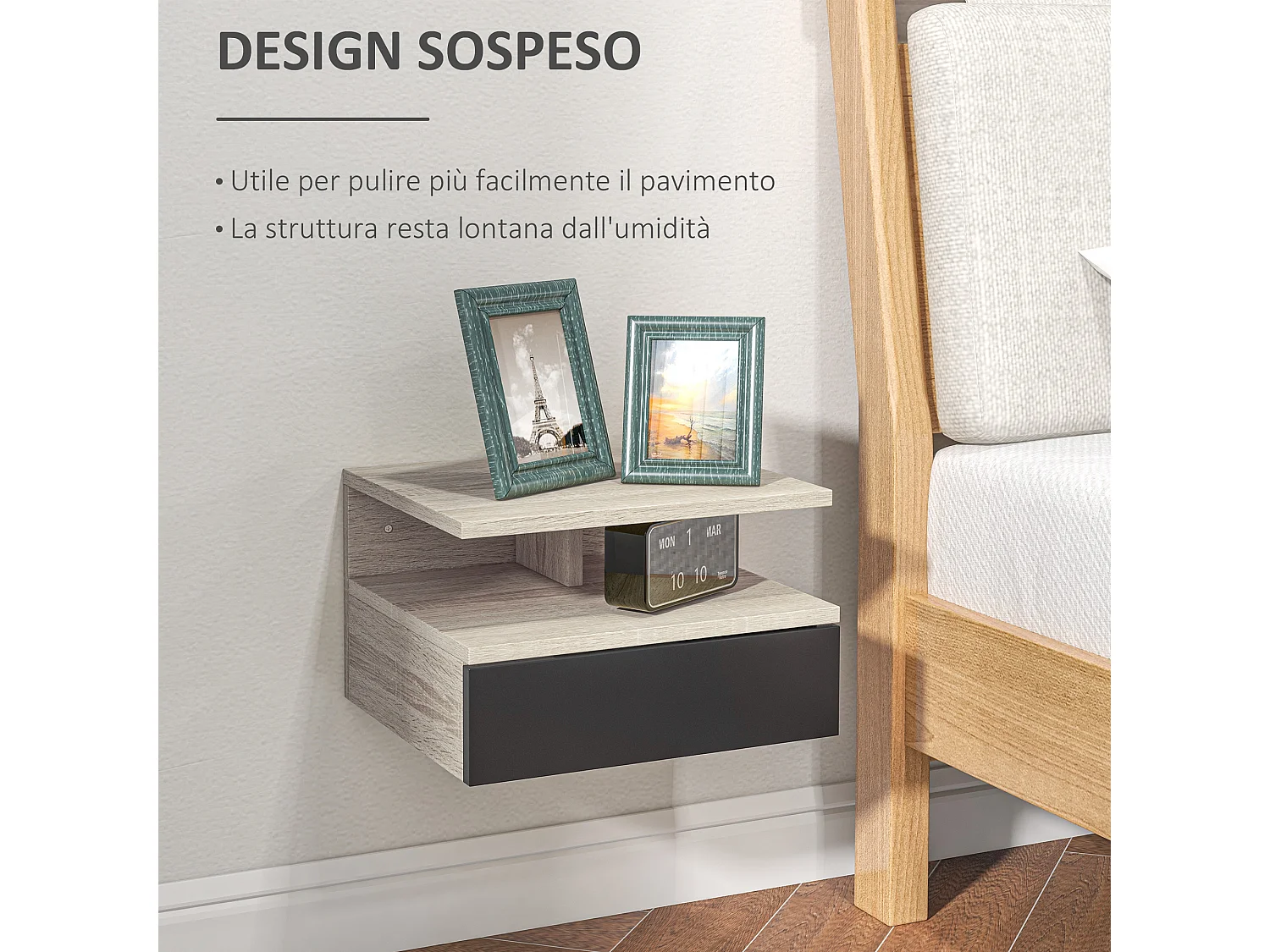 Set 2 comodini sospesi moderni con cassetto in legno rovere e nero