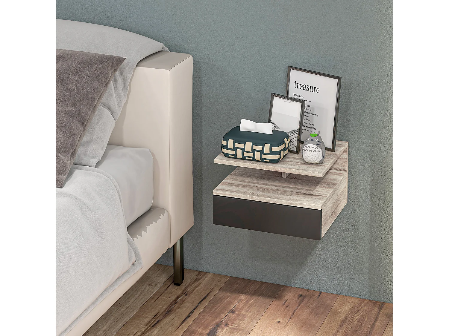 Set 2 comodini sospesi moderni con cassetto in legno rovere e nero