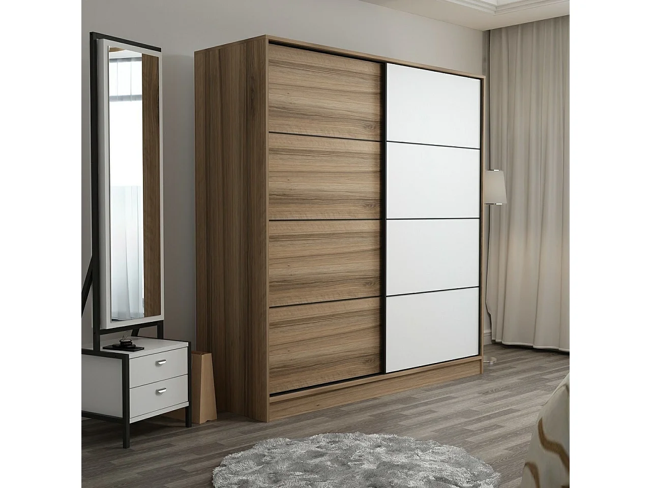 Guardaroba Kailua T102, Quercia|Bianco, 190x180x60cm, Porte guardaroba: Scorrevole