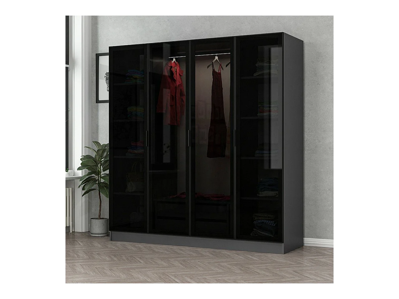 Armario Kailua S105, Negro|Antracita, 210x180x52cm, Puertas de armario: Con bisagras