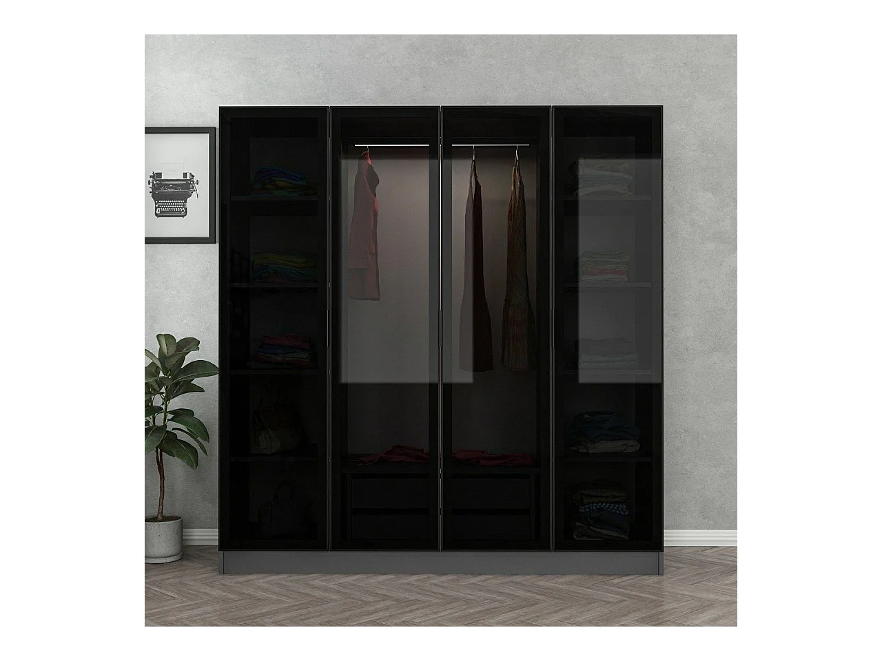 Armario Kailua S105, Negro|Antracita, 210x180x52cm, Puertas de armario: Con bisagras