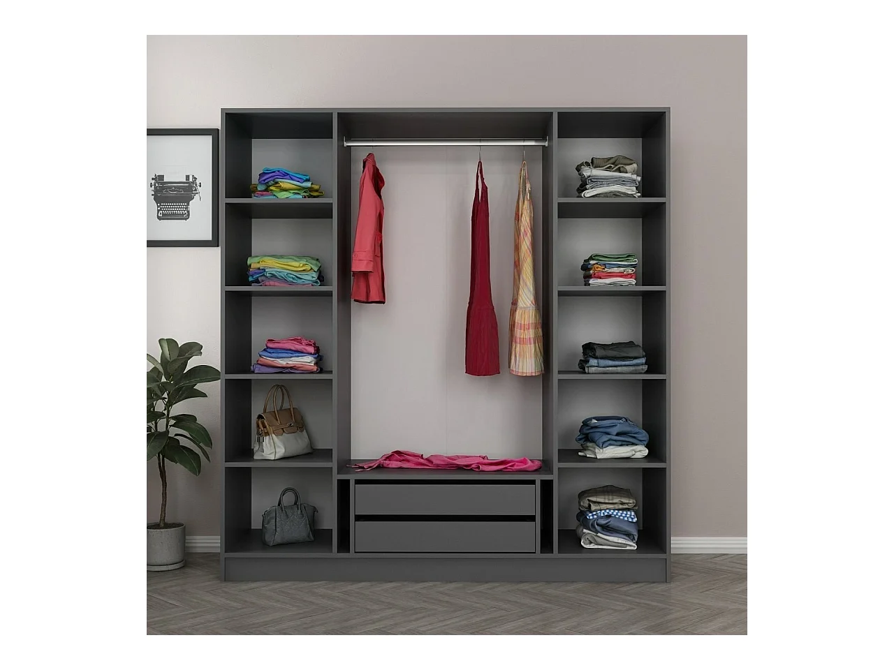 Armario Kailua S105, Negro|Antracita, 210x180x52cm, Puertas de armario: Con bisagras