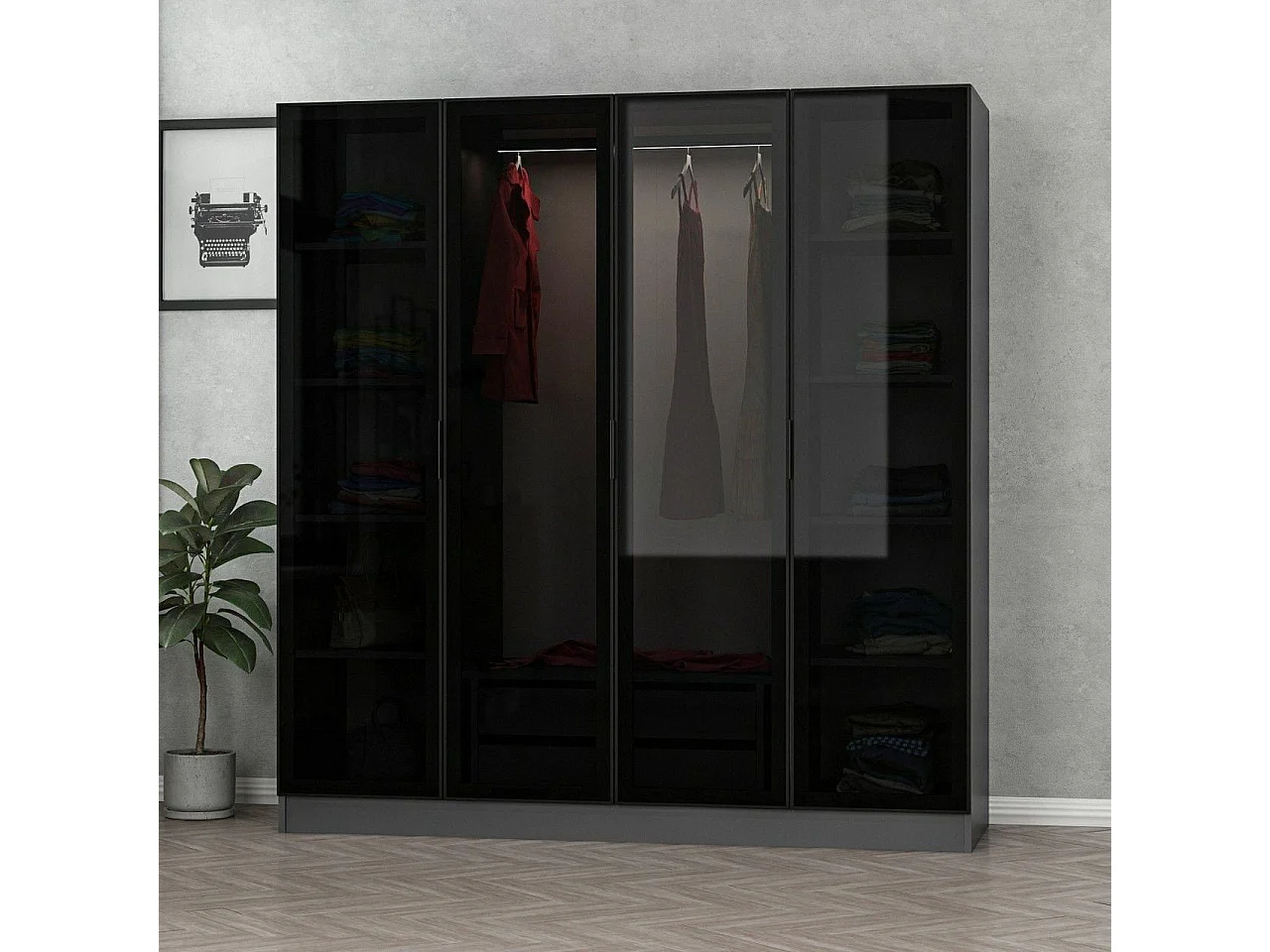 Dressing 4 portes Verre fumé Noir Antipaxos L180xH210cm 1 tringle et 2 tiroirs Anthracite