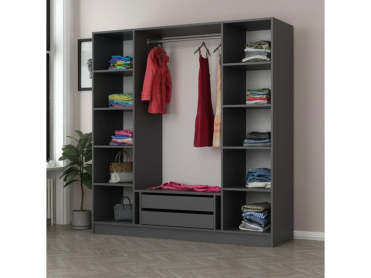 Dressing 4 portes Verre fumé Noir Antipaxos L180xH210cm 1 tringle et 2 tiroirs Anthracite