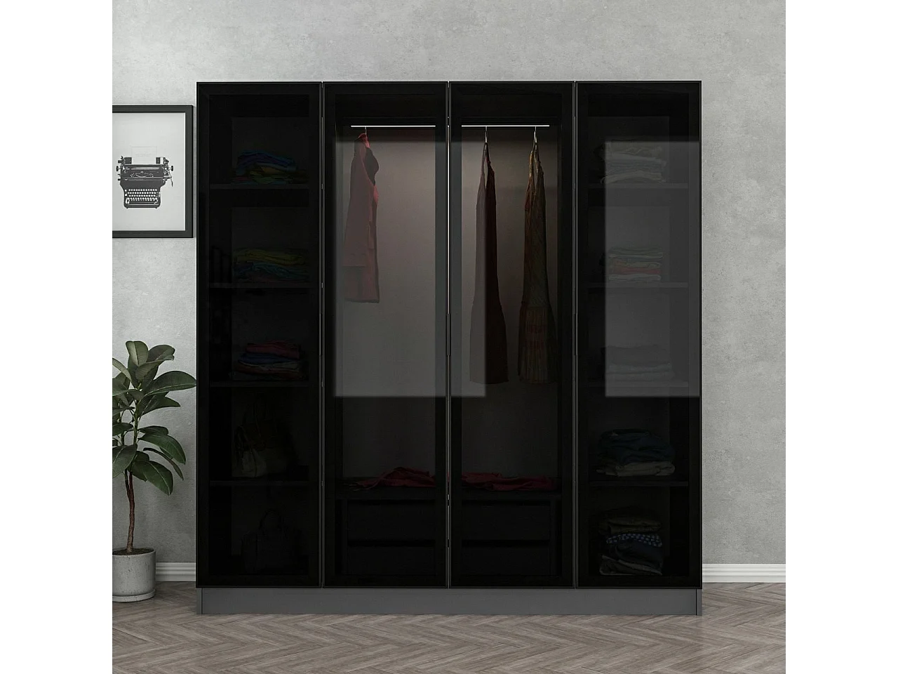 Dressing 4 portes Verre fumé Noir Antipaxos L180xH210cm 1 tringle et 2 tiroirs Anthracite