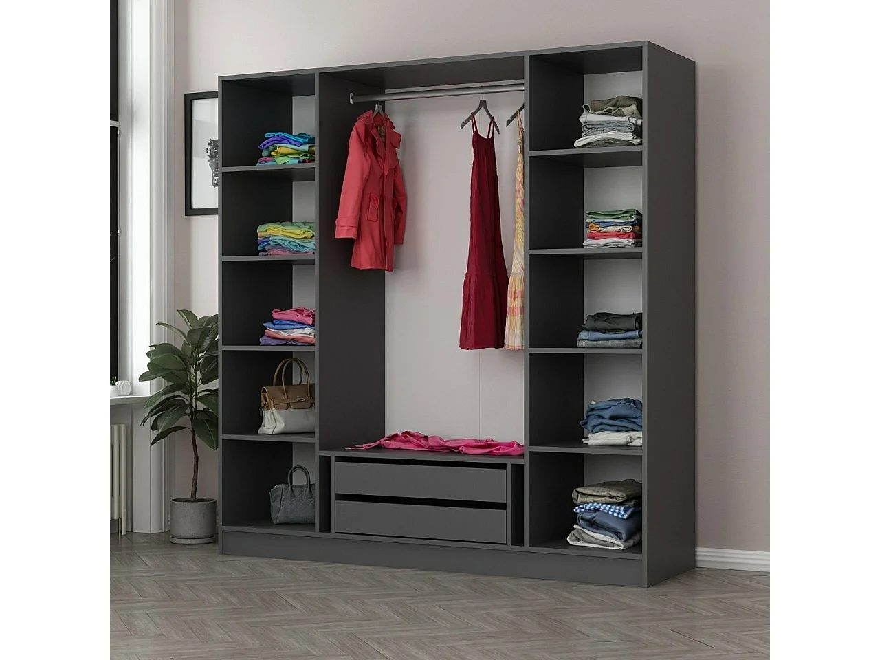 Dressing 4 portes Verre fumé Noir Antipaxos L180xH210cm 1 tringle et 2 tiroirs Anthracite