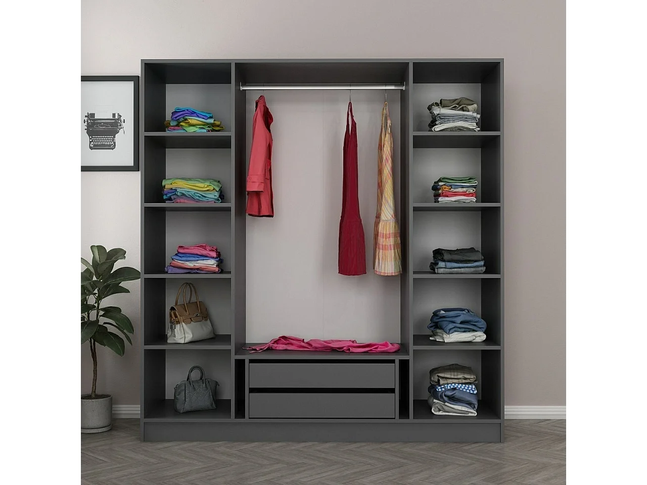 Dressing 4 portes Verre fumé Noir Antipaxos L180xH210cm 1 tringle et 2 tiroirs Anthracite