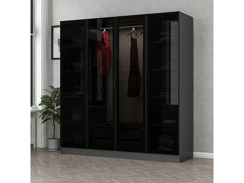 Dressing 4 portes Verre fumé Noir Antipaxos L180xH210cm 1 tringle et 2 tiroirs Anthracite