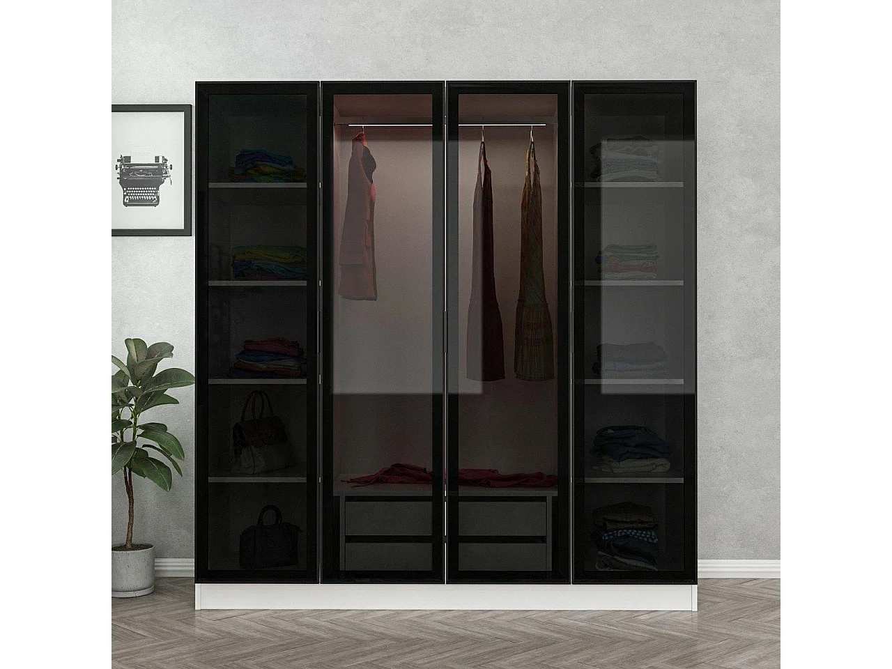 Armario Kailua S105, Blanco|Negro, 210x180x52cm, Puertas de armario: Con bisagras