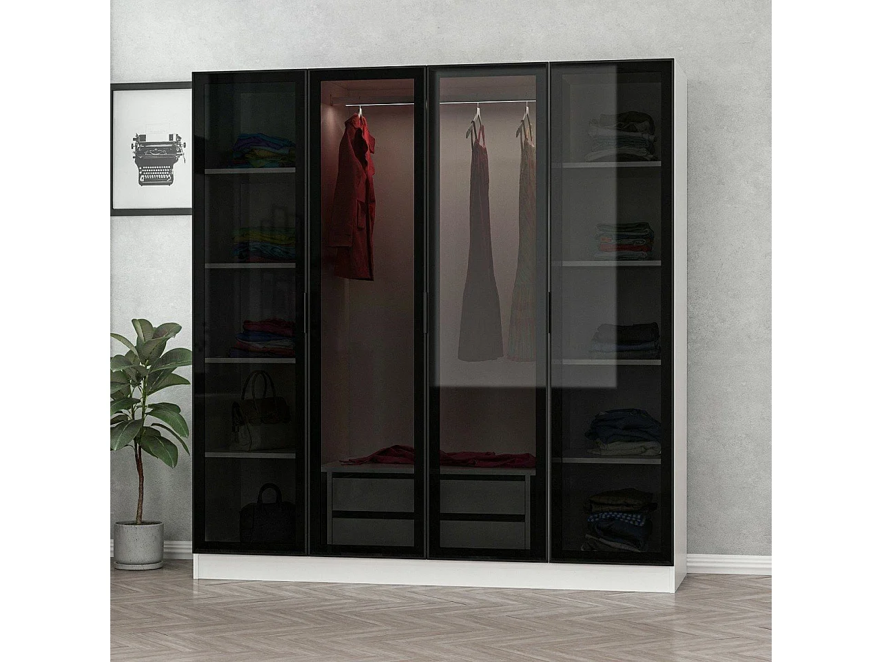 Armario Kailua S105, Blanco|Negro, 210x180x52cm, Puertas de armario: Con bisagras
